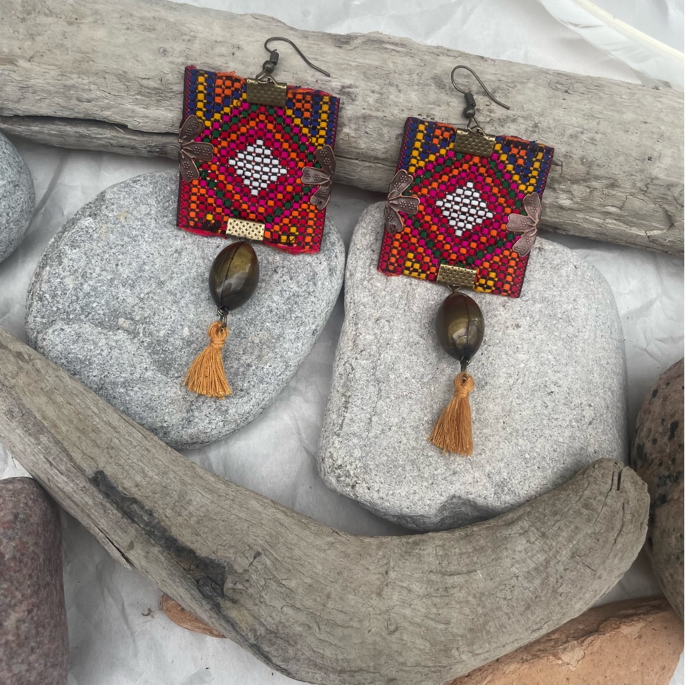 Persian Jewelry, Balochi Handmade Embroidered earrings boho gift for her